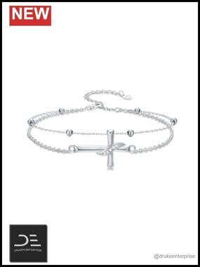 925 Sterling Silver Diamond Cross Layered Bracelet Women Sideways Cross